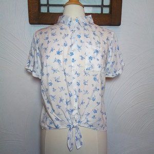 Floral Button Down Shirt Short Sleeves Front Tie Blue & White Top size L